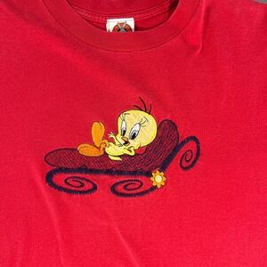 Vintage 1997 Looney‎ Tunes Tweety Bird Embroidered Red T-Shirt Anvil Tag Size L